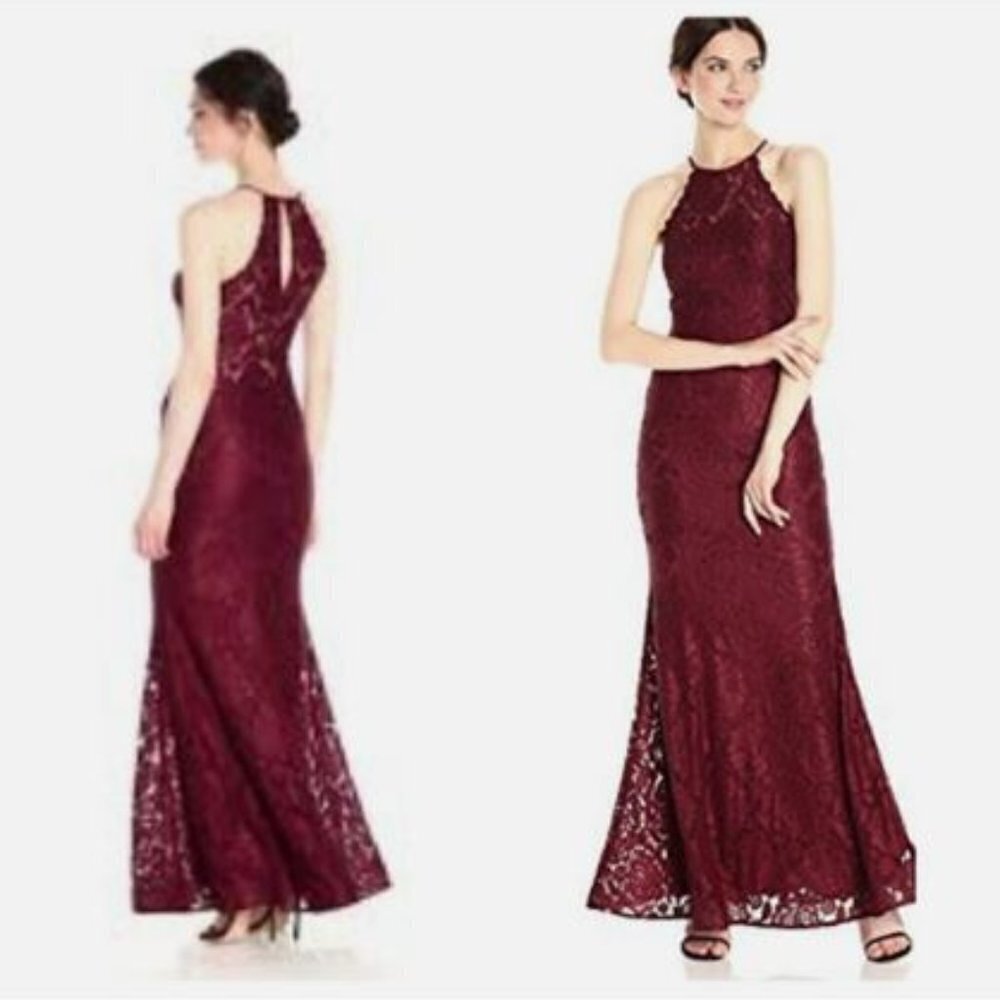 Betsy & Adam  Wine Halter Lace Beaded Gown Formal Dress